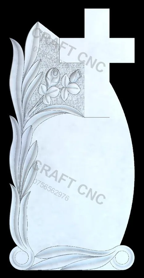 Cruce dreapta cu frunze și trandafiri — model CNC 3D pentru marmură și granit