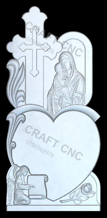 Cruce semitrifoi cu îngeraș și trandafir — model CNC 3D pentru marmură și granit