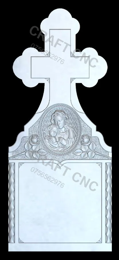 Cruce trifoi cu medalion maica — model CNC 3D pentru marmură și granit