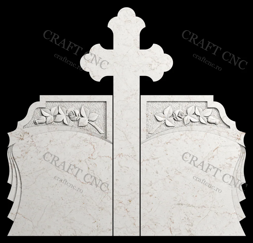 Monument dublu cu raze și trandafiri — model CNC 3D pentru marmură și granit