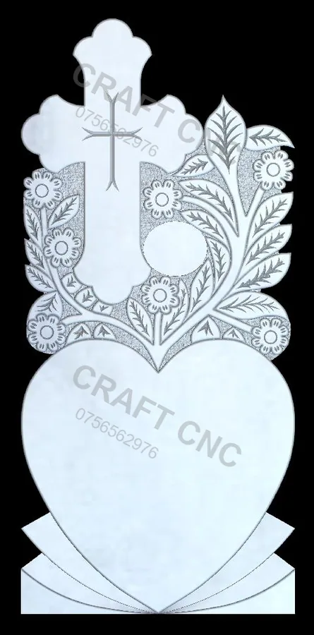 Cruce cu inimă și frunze — model CNC 3D pentru marmură și granit